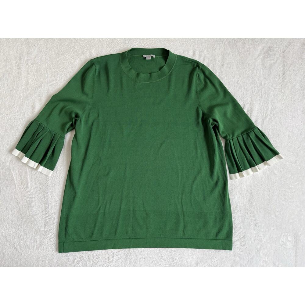 COS Bone Crew Neck Pleated Sleeves Green Blouse Knit Top 3/4 Sleeve Size Large
